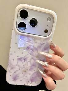 美感可愛花卉圖案雷射閃粉手機殼，適用於 iPhone 17ProMax 17Pro 17 16ProMax 16Pro 16 15 14 13 Pro Max，時尚星款軟背蓋，禮物 - 紫白花朵 - 查看 3