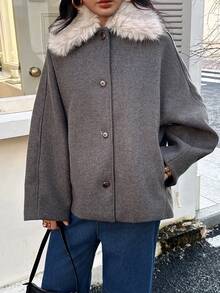 Camellia New Autumn/Winter Women's Fashion Jacket, European & American Style Minimalist Versatile Faux Fur Collar Coat - Light Brown - View 3