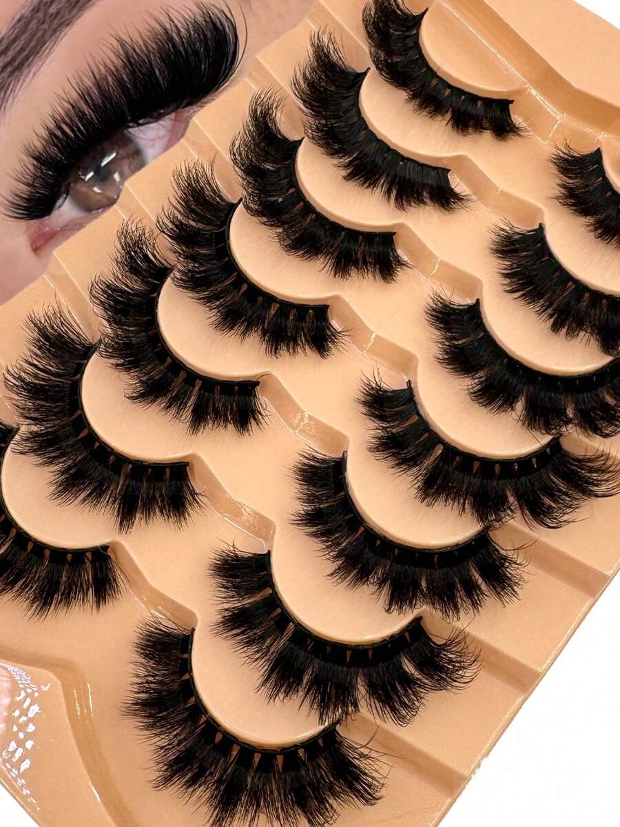 7对蓬松自然浓密猫眼假睫毛,纤细黑色睫毛梗,D型卷翘,3D仿貂毛俄罗斯假睫毛,可重复使用,日常练习假睫毛 - 黑色 - 查看 1
