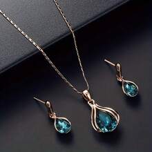 Ladies' Elegant Water Droplet Pendant Necklace Earring Set, Perfect For Weddings, Anniversaries, And Parties - Green - View 2