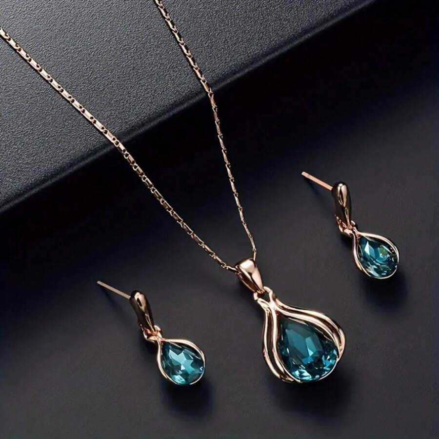 Ladies' Elegant Water Droplet Pendant Necklace Earring Set, Perfect For Weddings, Anniversaries, And Parties