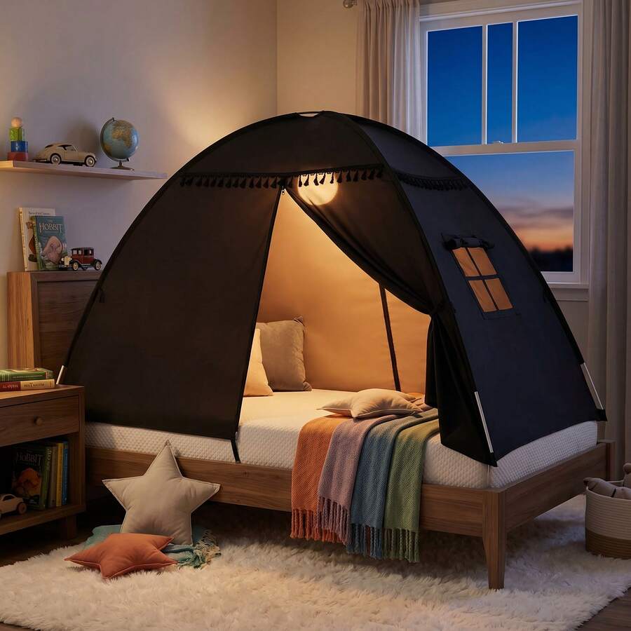 Kids Full Size Bed Tent With Star Lights & Flags - Indoor Playhouse Canopy For Toddlers Boys & Girls, Cozy Bed Canopy For Playroom Reading Nook, Perfect Gift For Children's Bedroom Decor(No Star Light) - 黑色 - 查看 1