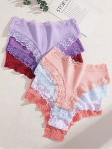 FINETOO 7件組女款浪漫田園風蕾絲飾邊羅紋棉質巴西內褲，多尺寸 XS-XXL - 彩色 - 查看 3