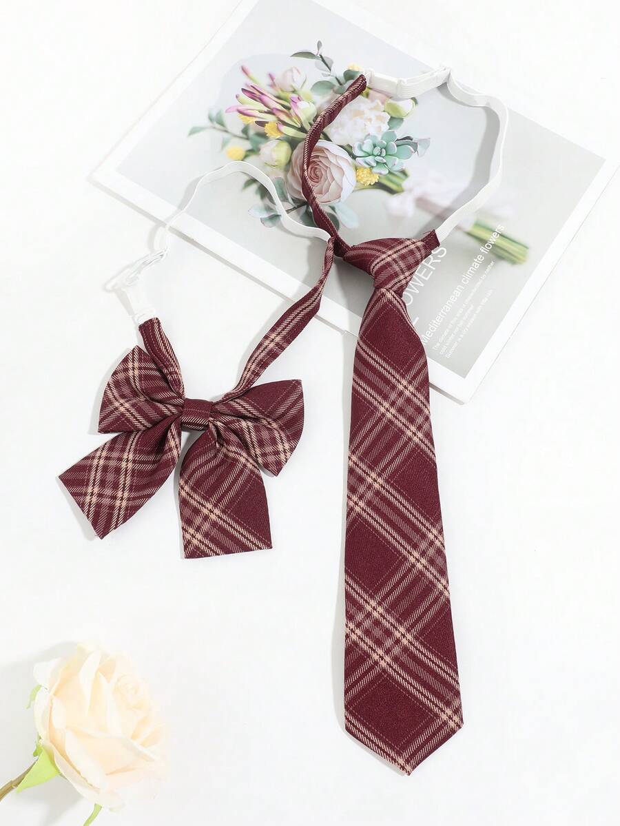 Bộ 1 cà vạt nơ kẻ caro màu đỏ tía thời trang nữ, kiểu cài kẹp, phù hợp cho trường học, dạo phố, chụp ảnh. - Nhiều màu - Xem 1