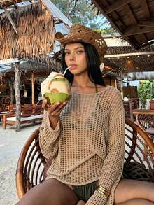 Blusa feminina de crochê vazada, estilo praia, manga longa, modelagem cropped, estilo casual. - Caqui - Ver 1