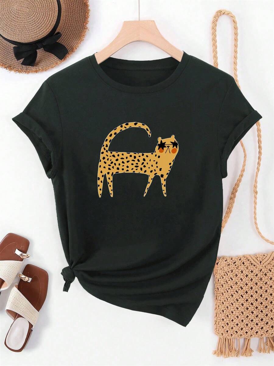 Damen-Oberteile 2026 Lässiges T-Shirt mit Leopardenmuster und Sternenbrille für Frauen Damen-Freizeit-T-Shirt mit kurzen Ärmeln - Weiches, atmungsaktives Baumwoll-T-Shirt - Alltägliches Basic-Oberteil für den S - Schwarz - Übersicht 1