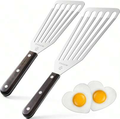 2 Pack Stainless Steel Fish Spatula Flexible Metal Turner For Flipping Eggs Burgers Baking Cooking Bbq Lightweight Kitchen Utensil With Wooden Handle