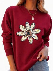 Blusa Feminina De Moletom Careca Estampado Modelo "Flores" 100% Algodão - Estilosa, Quente e Confortável - bordô - Visão 1