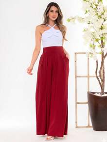 Wide-Leg, Loose-Fitting Palazzo Pants In Viscose/Lycra Knit Fabric With A Wide Waistband And High Waist And Pleats. - Merah ceri - View 2