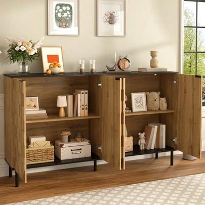 Mosaic Kitchen Cabinet, Double Door Cabinet, Wood Pattern Storage Cabinet, Particle Board, Metal Legs, Suitable For Living Room And Hallway.