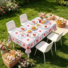 1pc Tablecloth With Bow & Heart Pattern, Suitable For Indoor And Outdoor Use, Great For Family Gatherings, Festivals, And Outdoor Dining, Reusable - Multicolor - View 1
