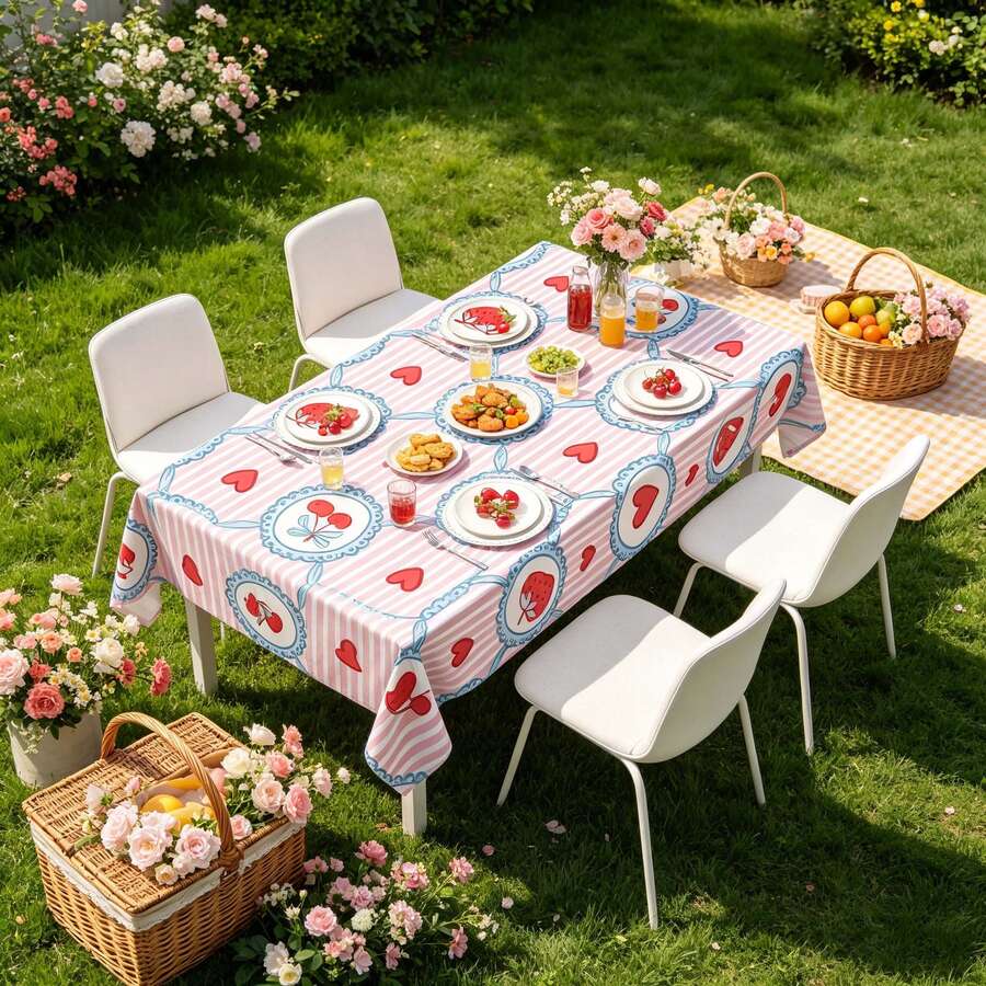 1pc Tablecloth With Bow & Heart Pattern, Suitable For Indoor And Outdoor Use, Great For Family Gatherings, Festivals, And Outdoor Dining, Reusable - Multicolor - View 1