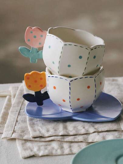 1 Bộ tách và đĩa cà phê bằng gốm sứ có tay cầm hình hoa tulip sáng tạo