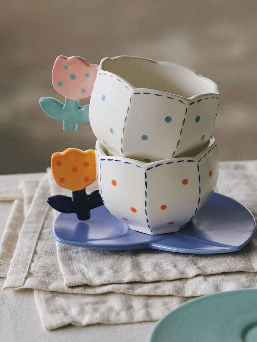 1 Bộ tách và đĩa cà phê bằng gốm sứ có tay cầm hình hoa tulip sáng tạo - Nhiều màu - Xem 1