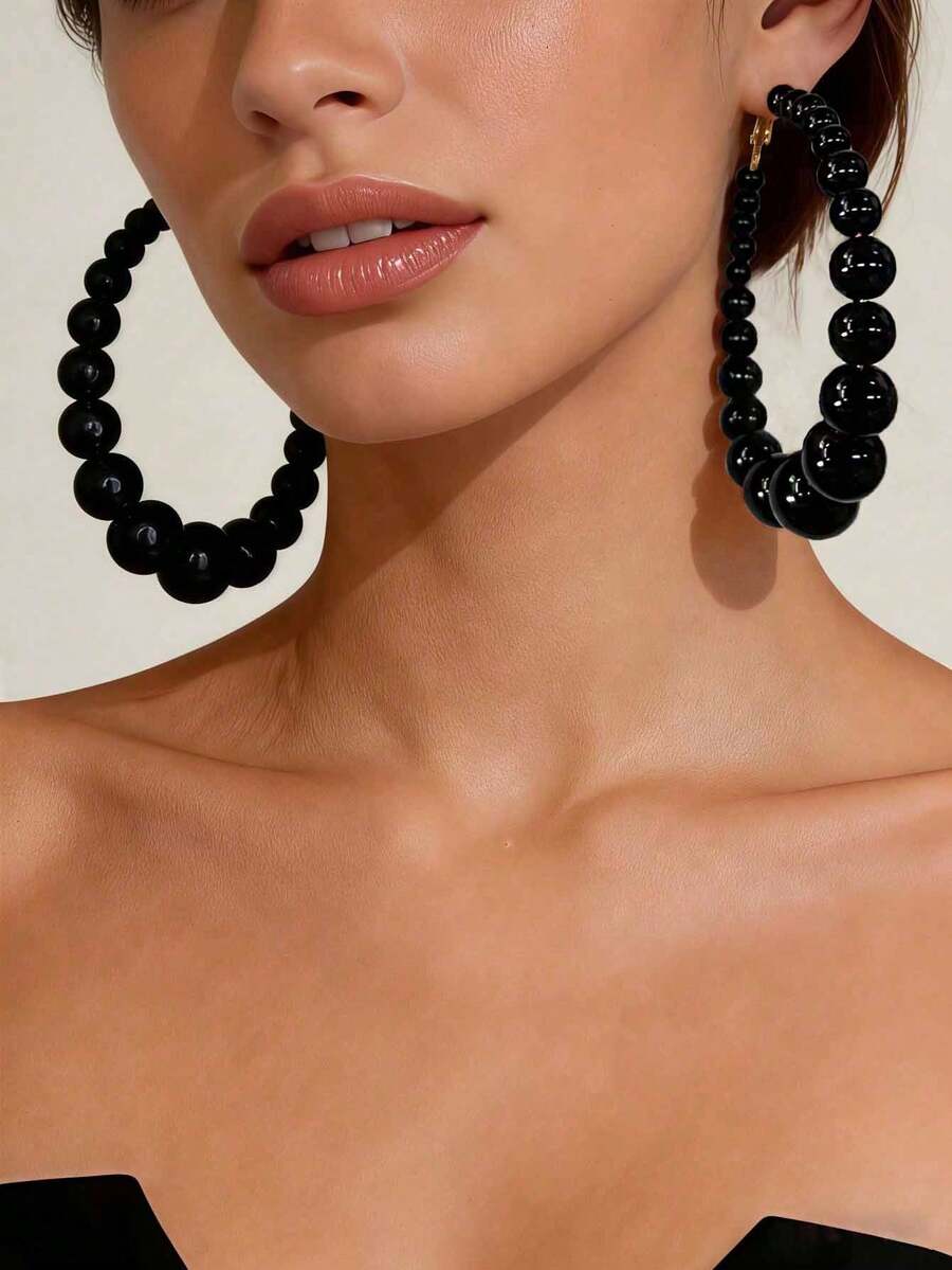 1 Pasang Anting Hoop Mutiara Gradien Mewah, Perhiasan Elegan untuk Pesta dan Acara Wanita - emas + hitam - View 1