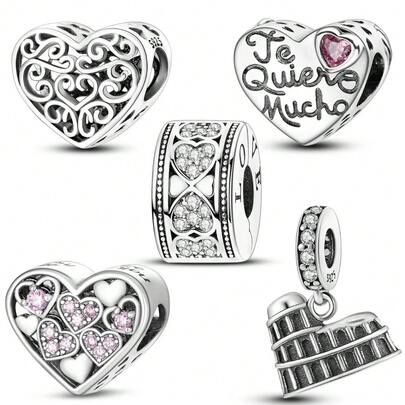 1 Sterling Silver Pendant: Peach-Pink Zirconia Bead, Heart Guardian Bead, Entwined Love Bead, Colosseum Heart Pendant, And Vintage Heart Clasp. These Original DIY Charms And Pendants Are Designed Specifically For Bracelets And Necklaces-Mix And Match Them Freely To Create A One-Of-A-Kind Bracelet. They Make The Perfect Choice Whether For Yourself Or As A Gift.