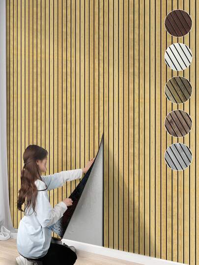 1 Roll Self-Adhesive Wallpaper, 3D Wood Grain Grid Wall Panels, Waterproof And Moisture-Proof, Thickened Vertical Stripe Wall Stickers, Suitable For Decoration In Living Room, Ceiling, Office And Bedroom