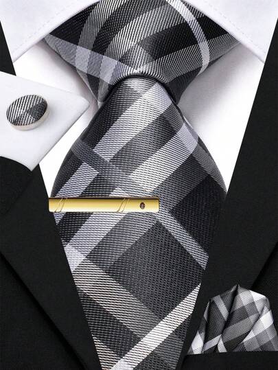 Men's Grey Plaid Chekcs Tie Set – Includes Pocket Square, Cufflinks & Gold Tie Clip, Festive Formal Necktie For Holidays