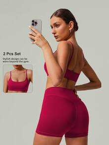 2pcs Women's Classic Spaghetti Strap Sports Bra And High Waist Deep V Lifting Shorts, Activewear For Running, Fitness, Cycling, Spring/Summer - Red - View 3