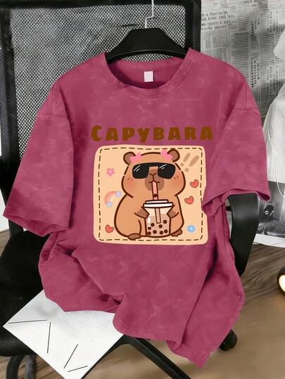Mädchen Cartoon Capybara & Brille Muster Farbblock Rundhals Kurzarm T-Shirt, Sommer Outfit für Teenager Mädchen