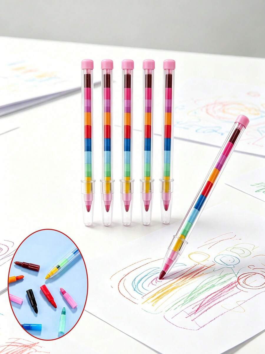 11-Color Stackable Building Block Crayons, Round Multi-Color Oil Pastels, Creative Colored Pencils, Suitable For Student Art Painting, Back To School Supplies, Party Gifts And Prizes - Multicolor - View 1