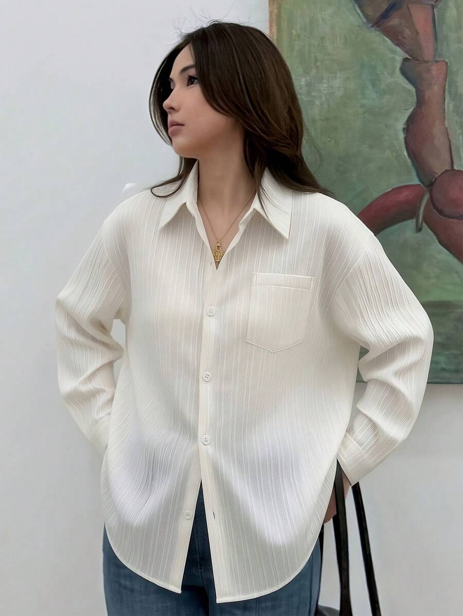 女士时尚甜美可爱休闲宽松长袖衬衫 - 杏色 - 查看 1