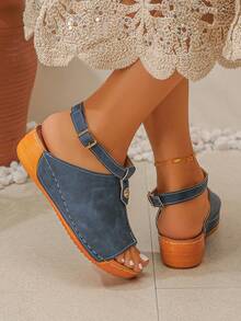 Plus Size 36-45 Women's Retro Comfortable Sandals, Metal Buckle Decor, Stitching Craftsmanship, Strap Open Toe Low-Top Casual Shoes, Suitable For Outdoor Walking And Commuting, Solid Blue Matte Wedge Heel Platform Sandals - Blue Matte Finish - Small Gold Hardware - View 4