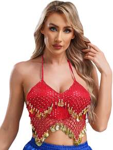 Bộ trang phục múa bụng đính sequin dành cho người lớn, áo voan đính sequin (có mút ngực, không thể tháo rời) và quần dành cho nữ, bộ trang phục công chúa Ả Rập dành cho múa phương Đông cho nữ. - Nhiều màu - Xem 17