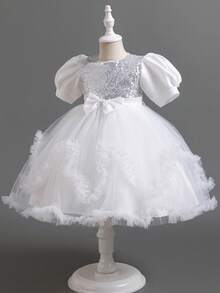 Girls Sequin Short Sleeve Tulle Princess Dress, Cute Girl Party Dress For Wedding, Birthday, Banquet, Runway, Piano Recital, Evening Gown - White - View 4