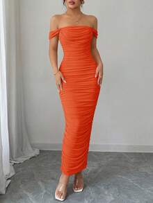 PRETTYGARDEN Women's Summer Dresses Off The Shoulder Dress Ruched Bodycon Sleeveless Evening Elegant Dresses Wedding Guest Graduation Cocktail Club Party Maxi Dresses - 橘色 - 查看 5
