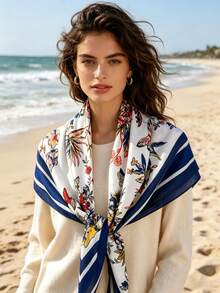 1pc Spring/Summer Newest Butterfly & Floral Print Shawl/Beach Wrap, Suitable To Pair With Blazer, Knit Sweater, Great For Outdoor Check-In, Holiday Gift, Surprise Gift For Girlfriend - Multicolor - View 3