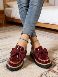 New Arrival Wine Red Bow Decor Patent Leather Platform Loafers, Vintage Preppy Non Slip Chunky Sole Daily Work Shoes For Ladies - 酒紅色 - 查看 15