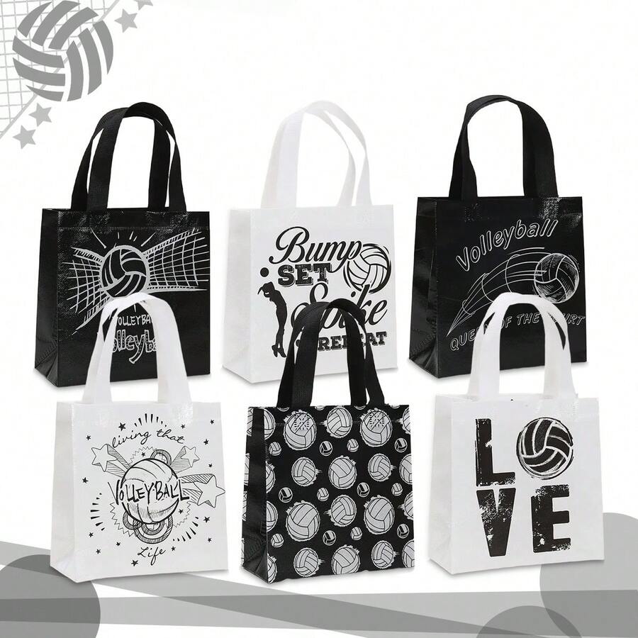 6/12 piezas Bolsas reutilizables de tela no tejida con tema de voleibol, en negro y blanco con estampado de voleibol, adecuadas para jugadores de voleibol, fiestas de equipo, eventos deportivos, regalos de cumpleaños, almacenamiento diario y compras - 9021 - Ver 1
