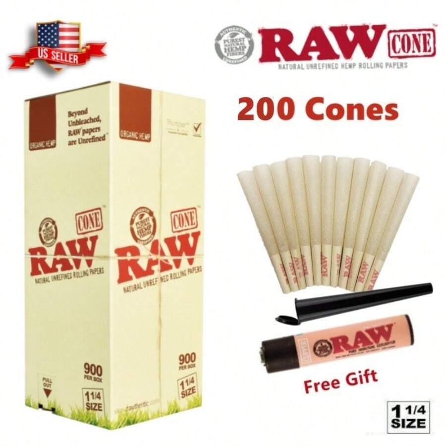 Authentic RAW Organic 1 1/4 Size Pre-Rolled Cones 200 Pack Andamp; Tube Andamp; Lighter - như hình - Xem 1