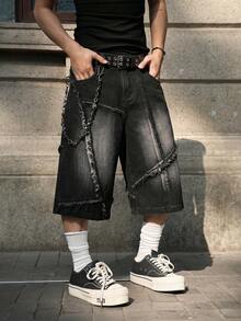 Shorts vaqueros de hombre de moda callejera, diseño de parches desgastados, shorts vaqueros de pierna ancha y suelta, shorts vaqueros de estilo hip hop callejero, shorts de rodilla transpirables y versátiles - Negro - Ver 4