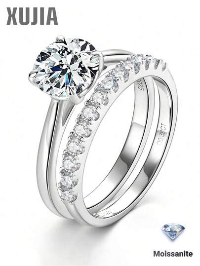 XUJIA 1 Set de Anillo de Boda y Aniversario de Plata de Ley 925 con Corte Redondo de Moissanita de 8mm y 2mm, Diseño de 4 Garras para Mujer
