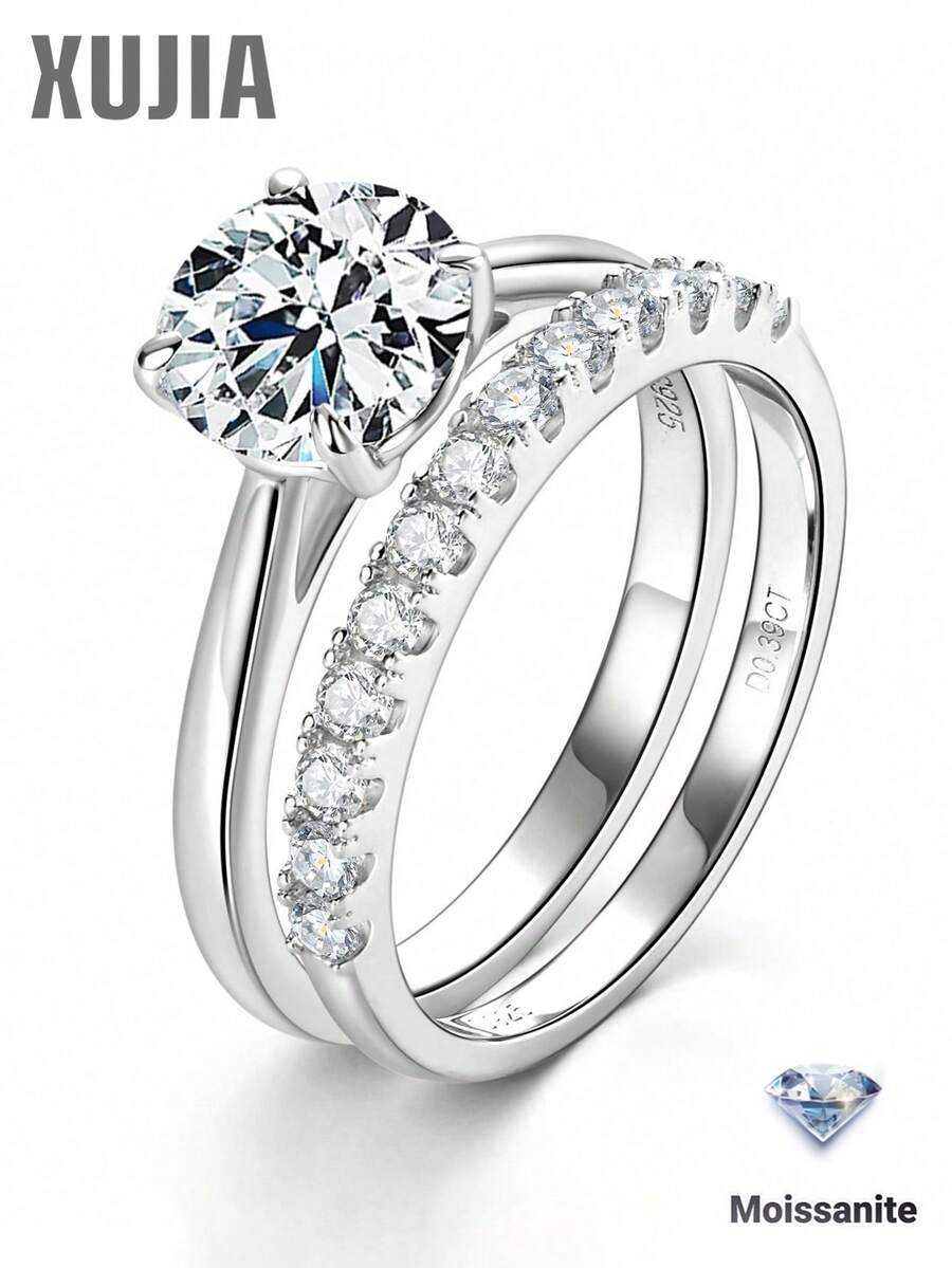 XUJIA 1 Set de Anillo de Boda y Aniversario de Plata de Ley 925 con Corte Redondo de Moissanita de 8mm y 2mm, Diseño de 4 Garras para Mujer