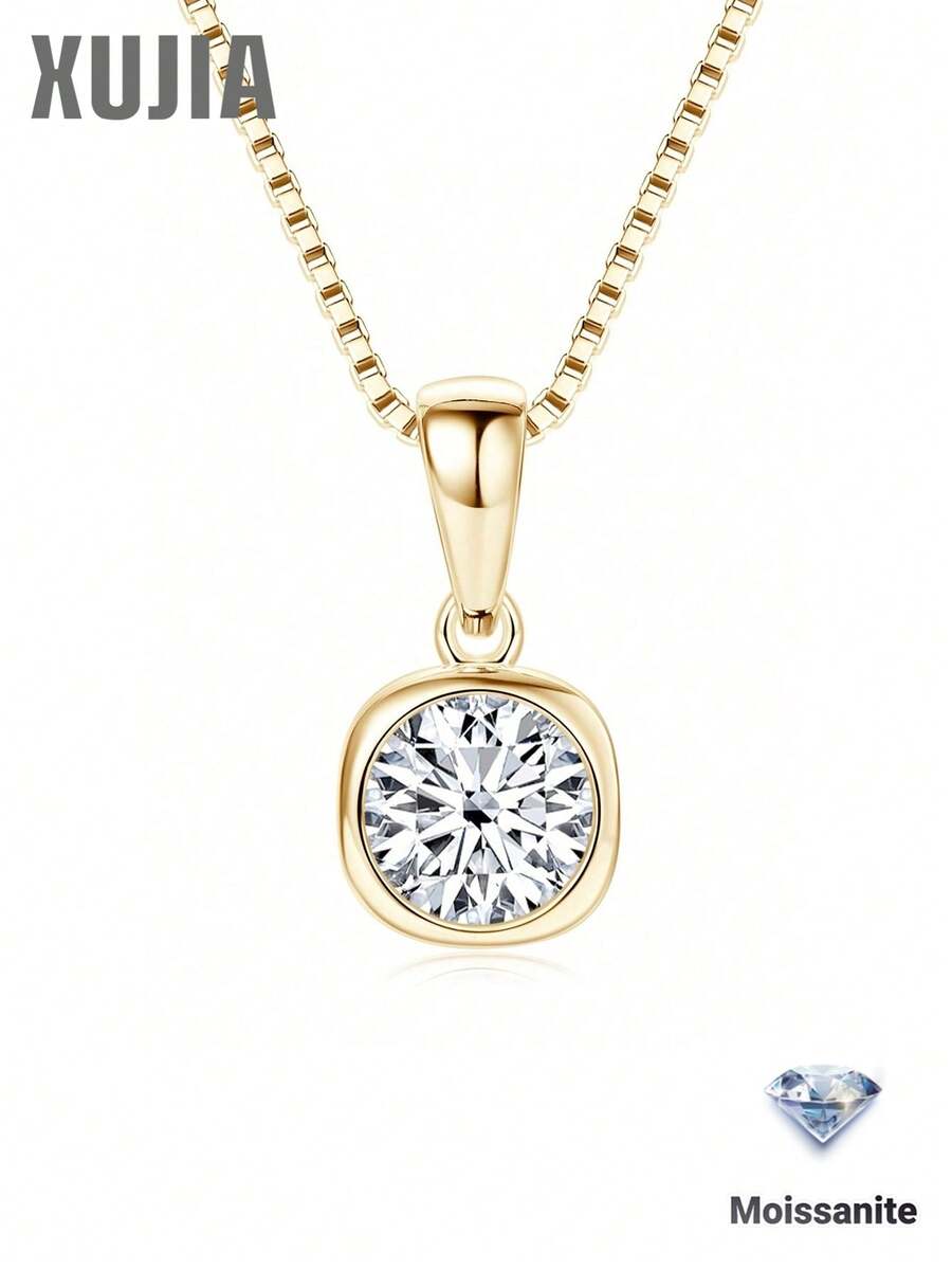 XUJIA 1pc 1 Carat Moissanite Pendant Necklace, 925 Sterling Silver, 6.5mm Round Moissanite, Elegant Jewelry Gift, Anniversary Gift, Great For Her - PMO-126 - View 1