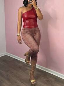 DOUCIU PU Leather Sleeveless Top And Knee-Length Pants 2 Pieces Set, Street Casual Outfit - Red - View 7