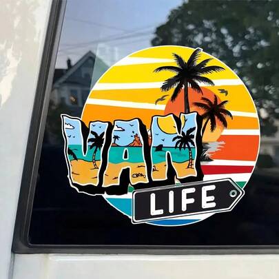 1pc Retro Camper Van Sticker - Palm Tree Sunset Design, Easy To Apply, Vinyl Material, Waterproof And UV-Resistant, Suitable For Camper, RV, Skateboard, Car, Truck, Motorcycle And Other Vehicles