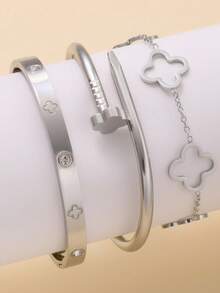 3 件装时尚奢华锆石镶嵌四叶草不锈钢袖口手镯适合日常佩戴情人节 - 銀色 - 查看 1
