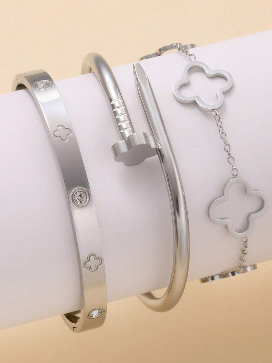 3 件装时尚奢华锆石镶嵌四叶草不锈钢袖口手镯适合日常佩戴情人节 - 銀色 - 查看 1