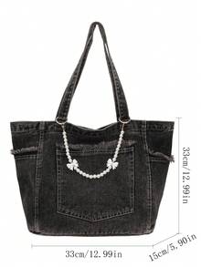 New Denim Large Capacity Tote Bag, Casual Versatile Shoulder Handbag, Underarm Carry Bag, Student School Bag - Black - View 9