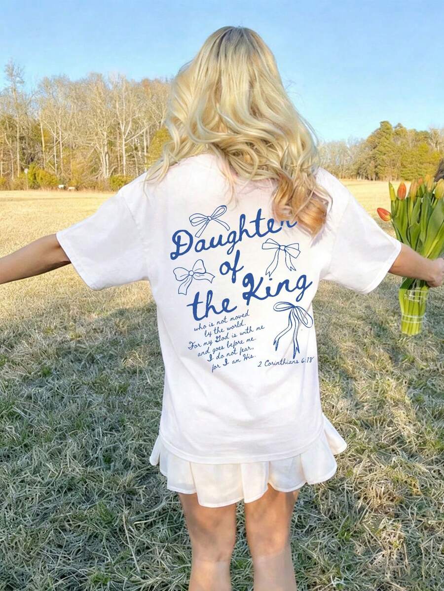 Girls' Minimalist Bow Slogan Print Round Neck Short Sleeve T-Shirt, New Spring/Summer Fashion Outfit - White - View 1