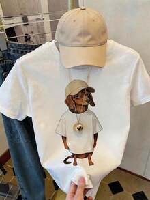 Camisetas de manga corta para mujer, 100% algodón, camiseta casual de manga corta con cuello redondo y estampado divertido de perro salchicha, suave, transpirable, de corte holgado, top de verano, con gráfico de mascota, ropa casual diaria para damas. - Blanco - Ver 4