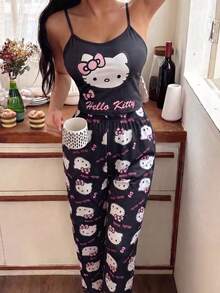 SANRIO طقم ملابس منزلية كاميسول مطبوع هالو كيتي + بنطال طويل، قماش ناعم ومرن، طقم مريح من قطعتين مناسب للنوم في المنزل / الاسترخاء العادي / الخروجات الخفيفة - الأسود - مشاهدة 4