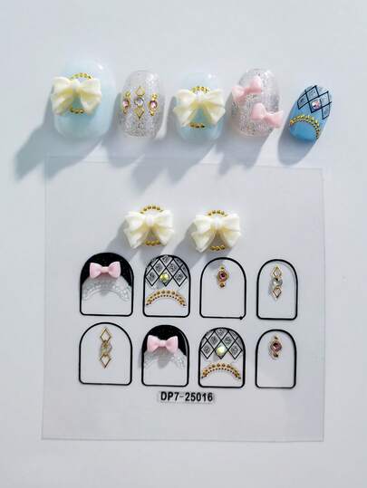 一套洛丽塔公主风粉白美甲贴纸，3D蝴蝶结蕾丝钻石装饰元素，防水持久美甲贴纸，可移除美甲配件