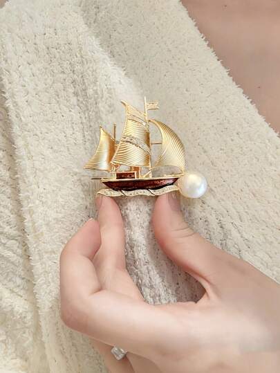 1枚复古珐琅水钻帆船胸针，奢华珍珠水晶翻领别针，别致优雅，可搭配外套/连衣裙，派对礼物，防滑