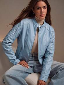 Giolshon Women's Autumn/Winter PU Leather Jacket, Street Style Design With Zipper Pockets, Suitable For Urban Commuting And Travel, Combining Fashion And Practicality - Baby Blue - View 7