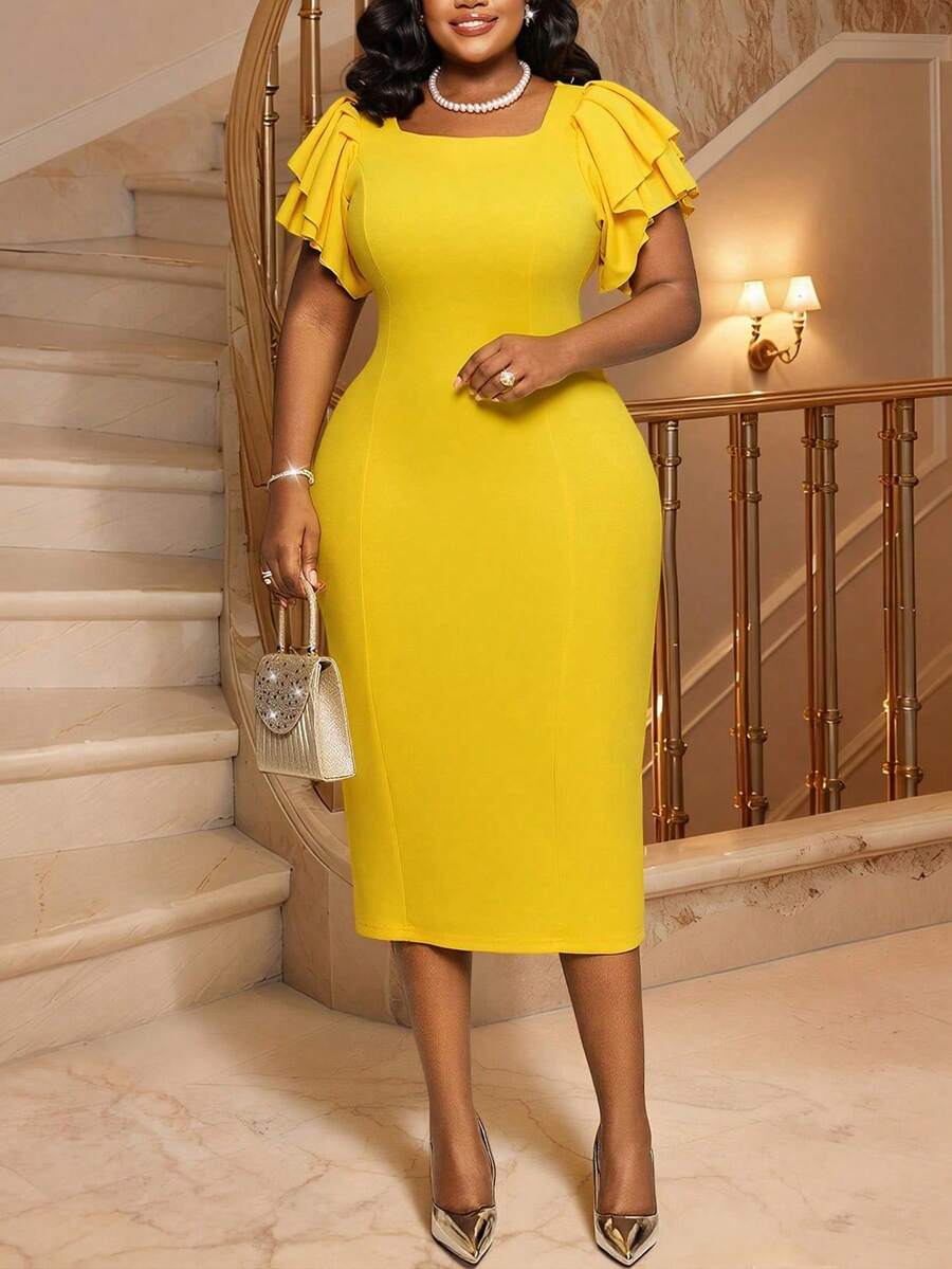 Women's Elegant Party Dress, Plus Size Bodycon Midi Dress With Ruffle Trim, Formal Workwear Suitable For Christmas, Thanksgiving, New Year, Weddings, Office, Daily, Work, Party, Graduation, Spring/Summer - Yellow - View 1